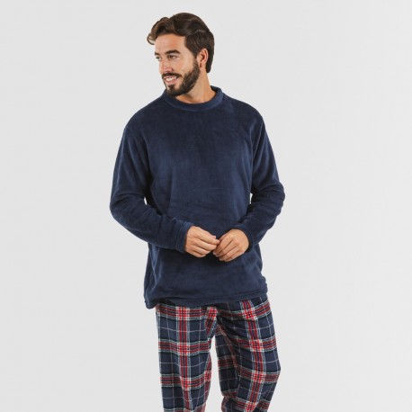 Pigiama pile coral uomo Cuadro Curtis blu navy pigiama-lungo-da-uomo