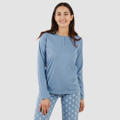 Pigiama lungo cotone Garbo blu cielo pigiami-lunghi-donna