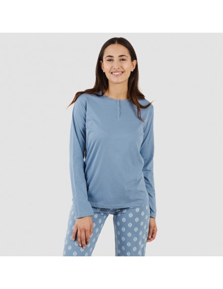 Pigiama lungo cotone Garbo blu cielo pigiami-lunghi-donna