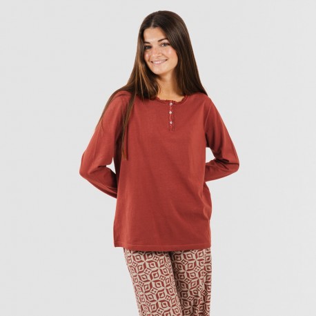 Pigiama lungo cotone Corinto rosso mattone pigiami-lunghi-donna