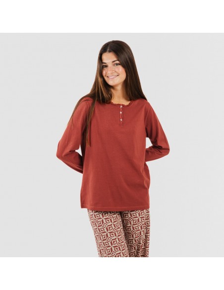 Pigiama lungo cotone Corinto rosso mattone pigiami-lunghi-donna