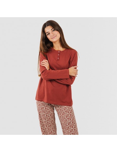 Pigiama lungo cotone Corinto rosso mattone pigiami-lunghi-donna