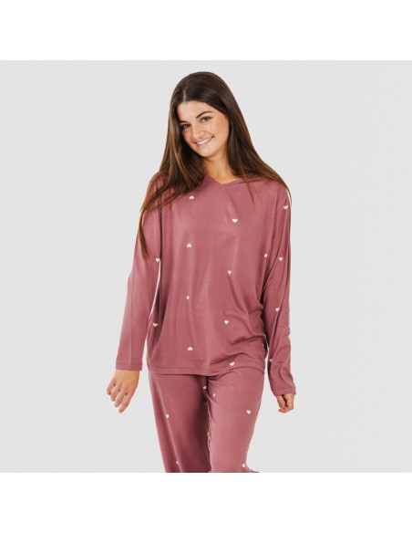 Pigiama lungo soft Hearts malva rosa pigiami-lunghi-donna