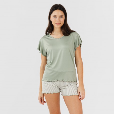 Pigiama corto mezza manica soft Raya Leia verde militare pijama-corto-sedoso