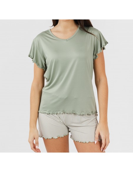 Pigiama corto mezza manica soft Raya Leia verde militare pijama-corto-sedoso