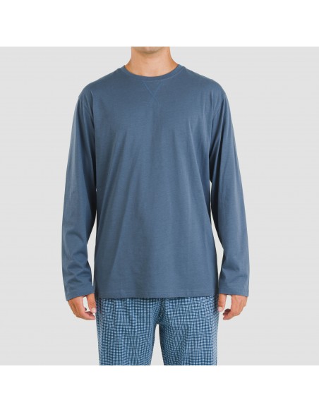 Pigiama lungo uomo cotone Cuadro Kike blu pijama-algodon