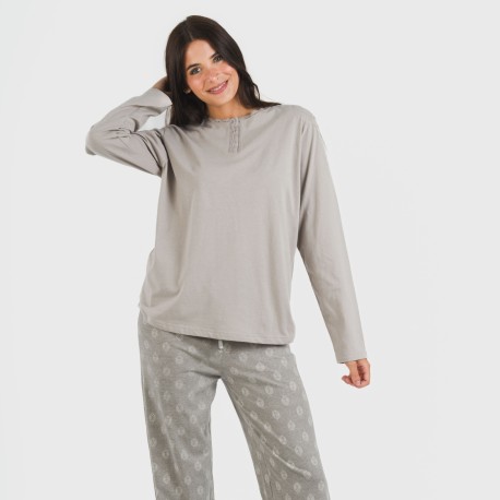 Pigiama lungo cotone Garbo grigio misto pigiami-lunghi-donna